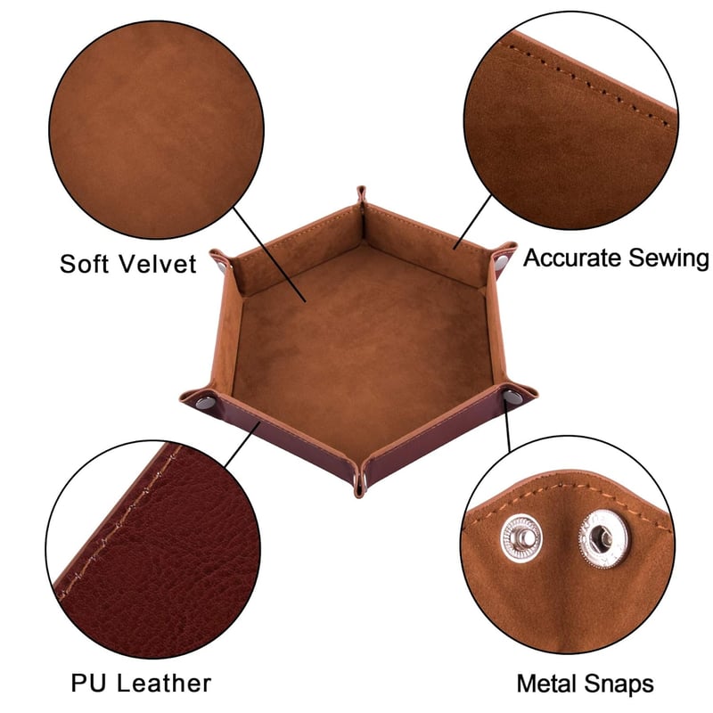 SIQUK 2db Kétoldalas Dobókocka Tálca Hexagon Velúr Bőr RPG DND Fekete Barna - Black / Brown