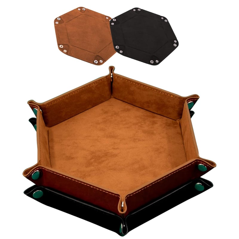 SIQUK 2db Kétoldalas Dobókocka Tálca Hexagon Velúr Bőr RPG DND Fekete Barna - Black / Brown