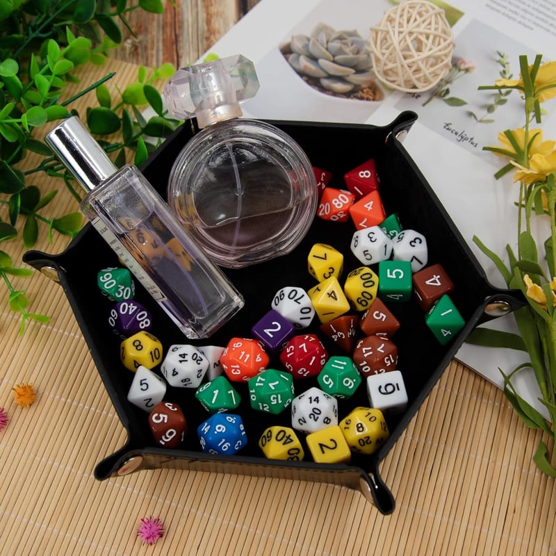 SIQUK 2db Kétoldalas Dobókocka Tálca Hexagon Velúr Bőr RPG DND Fekete Barna - Black / Brown
