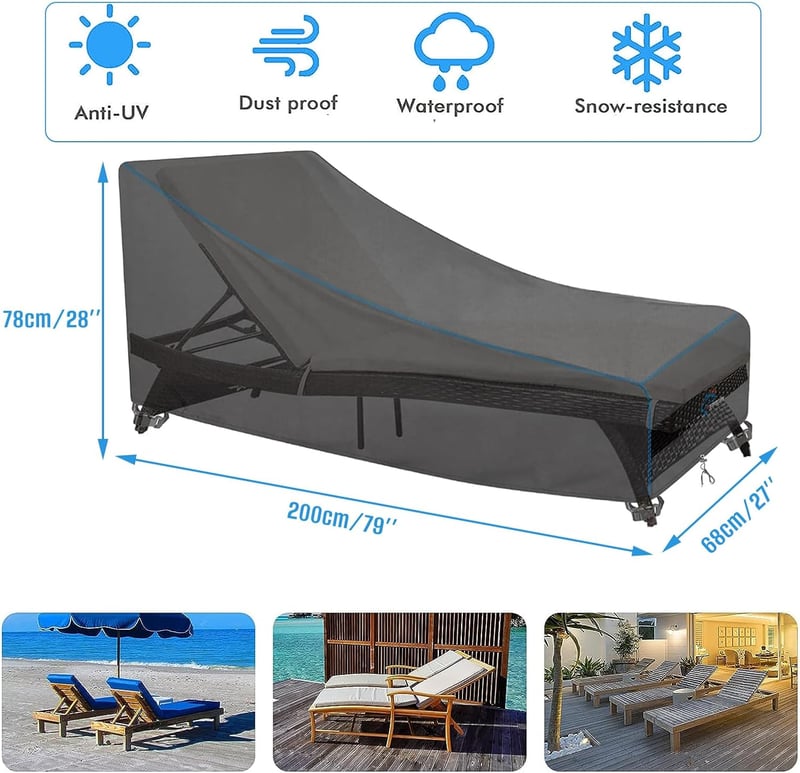 Husă de protecție pentru șezlong de grădină SIRUITON, material Oxford 420D, hidrofobă, cu protecție UV și 4 butoane de fixare rezistente la vânt, 200 x 68 x 40 / 70 cm, gri închis