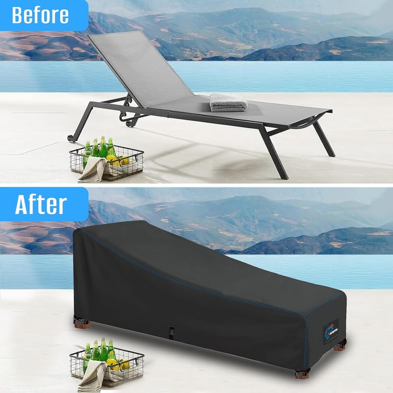 Husă de protecție pentru șezlong de grădină SIRUITON, material Oxford 420D, hidrofobă, cu protecție UV și 4 butoane de fixare rezistente la vânt, 200 x 68 x 40 / 70 cm, gri închis