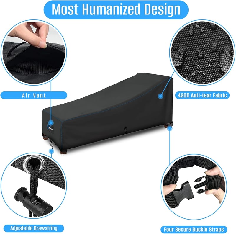 Husă de protecție pentru șezlong de grădină SIRUITON, material Oxford 420D, hidrofobă, cu protecție UV și 4 butoane de fixare rezistente la vânt, 200 x 68 x 40 / 70 cm, gri închis