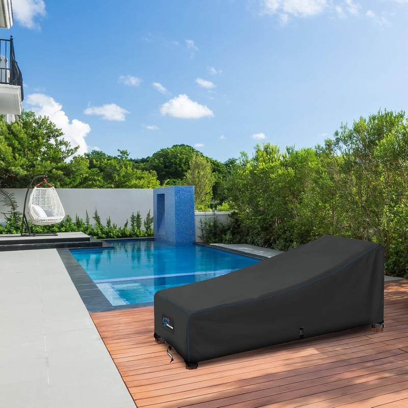Husă de protecție pentru șezlong de grădină SIRUITON, material Oxford 420D, hidrofobă, cu protecție UV și 4 butoane de fixare rezistente la vânt, 200 x 68 x 40 / 70 cm, gri închis