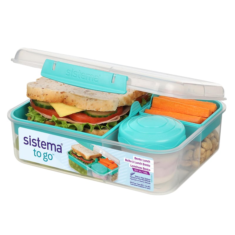 Desiatový box Sistema Bento Box To Go s priehradkami, 1,65 l, s nádobou na jogurt a ovocie, pre deti aj dospelých, modrozelený