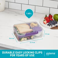Desiatový box Sistema Bento Box TO GO s priehradkami a nádobou na jogurt/ovocie – 1,65-litrový obedár pre deti aj dospelých, fialový 3