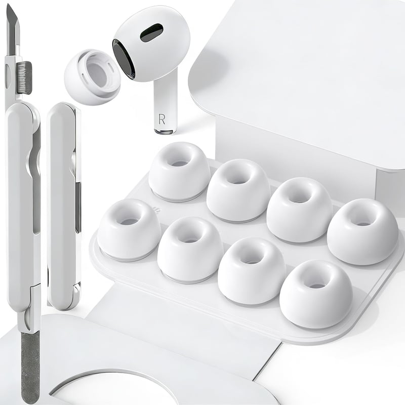 Set de 2 perechi de dopuri din silicon SIXFU pentru AirPods Pro 1 și 2, compatibile, 4 mărimi (XS/S/M/L), cu kit de curățare și cutie de depozitare, cu anulare a zgomotului, alb