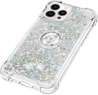 SIYOPINPFY iPhone 15 Pro Tok Gyűrűs Állvánnyal - Átlátszó Szilikon Csillámló Folyadékos Védőtok Nőknek, Ezüst 6