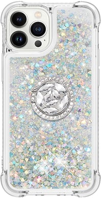 SIYOPINPFY iPhone 15 Pro Tok Gyűrűs Állvánnyal - Átlátszó Szilikon Csillámló Folyadékos Védőtok Nőknek, Ezüst 2