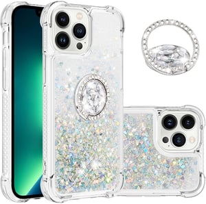 SIYOPINPFY Maskica za iPhone 15 Pro s prstenastim stalkom - Prozirna silikonska svjetlucava tekuća zaštitna maskica za žene, srebrna