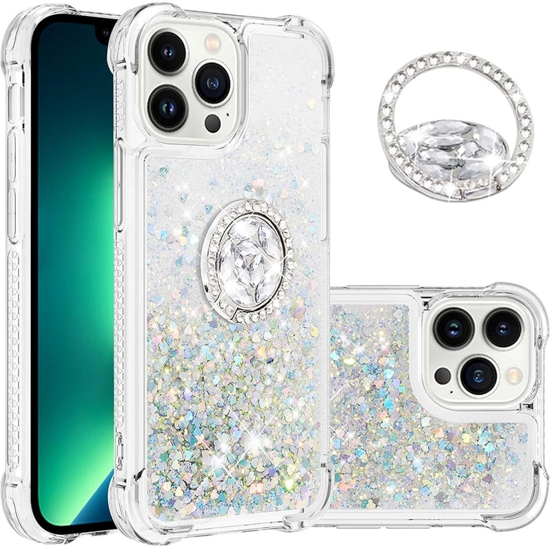 SIYOPINPFY iPhone 15 Pro Tok Gyűrűs Állvánnyal - Átlátszó Szilikon Csillámló Folyadékos Védőtok Nőknek, Ezüst