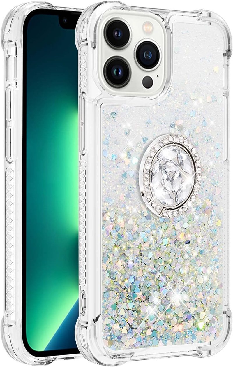 SIYOPINPFY iPhone 15 Pro Tok Gyűrűs Állvánnyal - Átlátszó Szilikon Csillámló Folyadékos Védőtok Nőknek, Ezüst