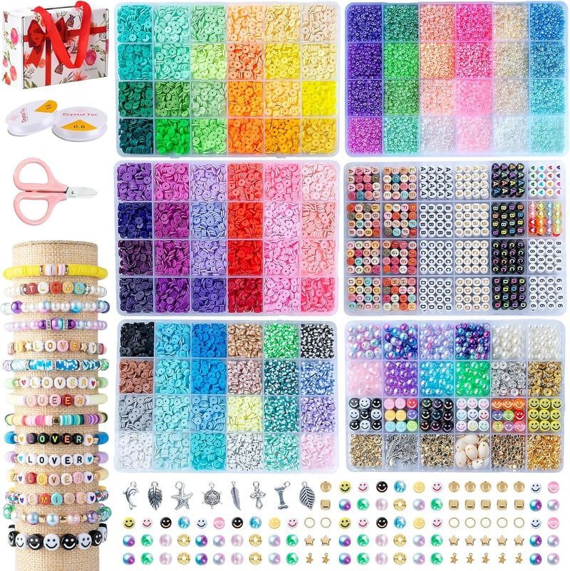 SJZWSD Gyöngy Készlet Karkötő Készítéshez - 16000 db Polimer Agyag és Üveg Gyöngy, 6 Dobozos DIY Ékszerkészítő Szett Betű Gyöngyökkel
