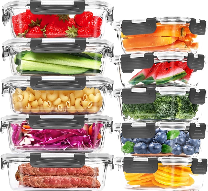 Skroam Üveg Ételtároló Szett fedőkkel, légmentes, BPA-mentes - 10 db
