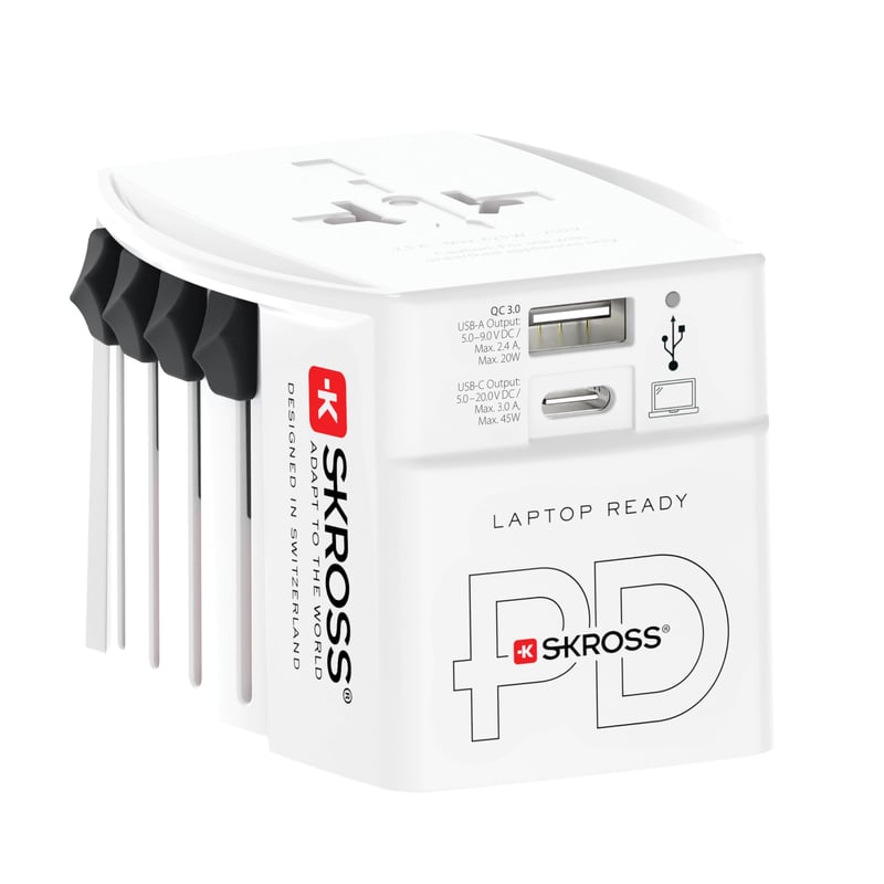 Adaptor de călătorie universal SKROSS MUV USB AC45PD cu cablu USB-C (160 cm) - 2 poli, port USB-C 45W + USB, pentru laptop, tabletă, smartphone