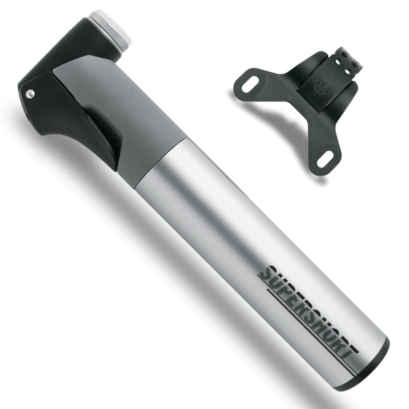 Mini cyklistická pumpa SKS Germany Supershort s teleskopickou funkciou, hliníkovým telom a T-rúčkou, na ventily AV/SV/DV, strieborná, s držiakom na rám