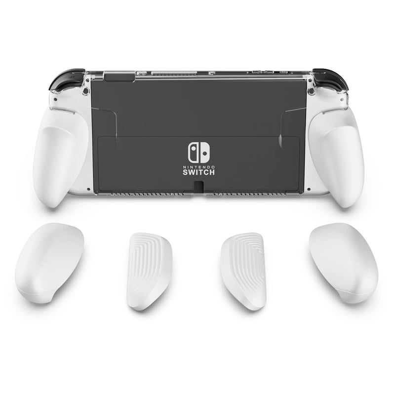 Priehľadný ochranný kryt Skull & Co. GripCase OLED pre Nintendo Switch OLED s vymeniteľnými úchytmi, možnosťou dokovania, pre všetky veľkosti rúk, biely
