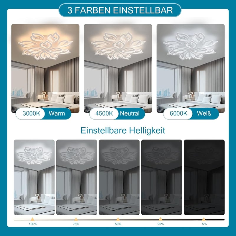 Sky angle LED Mennyezeti Lámpa Távirányítóval - 155W 18600LM Virág Alakú Akril Lámpatest 3000K-6000K Állítható Fényerővel Nappali és Hálószo