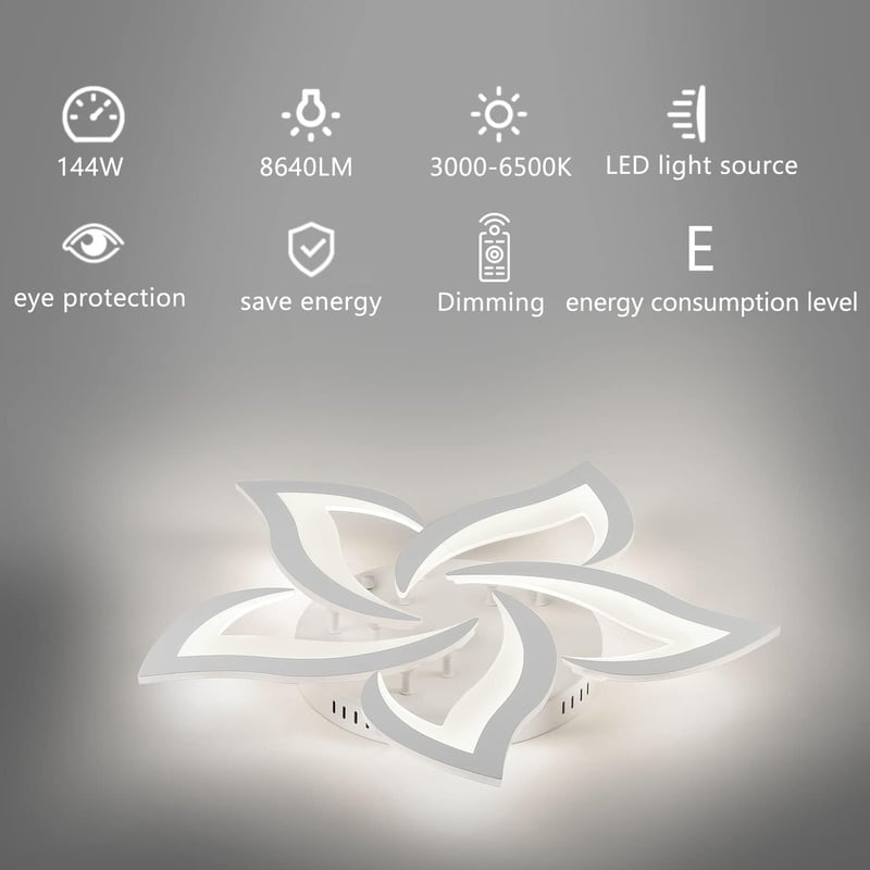 Sky angle LED Mennyezeti Lámpa, Virág Alakú, Távirányítós, Fényerőszabályozható, 5 Fejes, 63 cm, 45W, 3600 Lumen, Modern Csillár Nappaliba, 