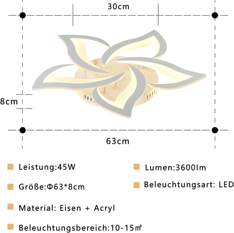 Sky angle LED Mennyezeti Lámpa, Virág Alakú, Távirányítós, Fényerőszabályozható, 5 Fejes, 63 cm, 45W, 3600 Lumen, Modern Csillár Nappaliba, 