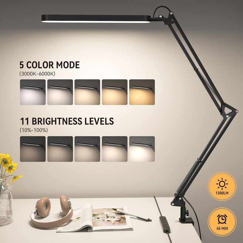 SKYLEO LED Asztali Lámpa Csiptetős 1300 Lm 5 Szín 11 Fényerő Fekete