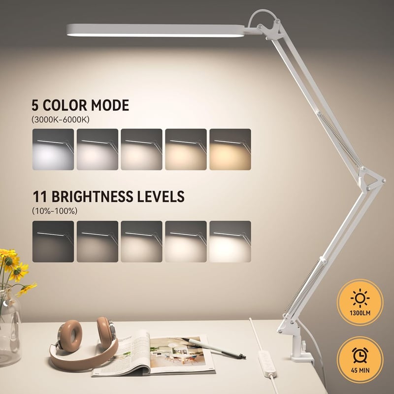 SKYLEO LED Asztali Lámpa Csiptetős 1300 Lm 5 Szín 11 Fényerő Szint Időzítő Fehér