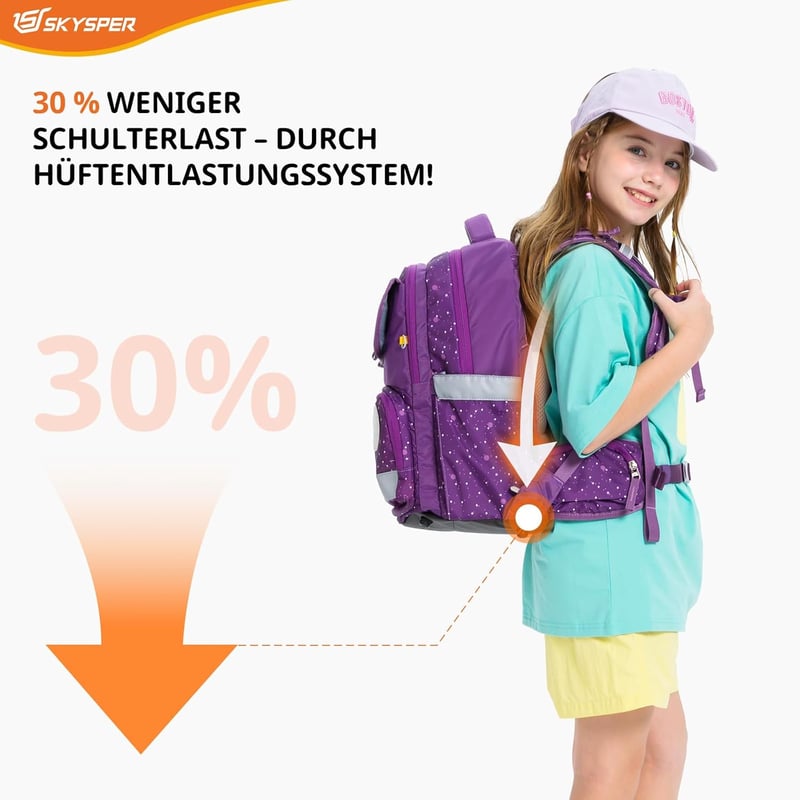 SKYSPER Iskolatáska Szett 5 Részes - 16L Ergonomikus Hátizsák 360° Fényvisszaverő Csíkokkal, Vízlepergető Rekeszekkel, Gyerekeknek Iskolába,