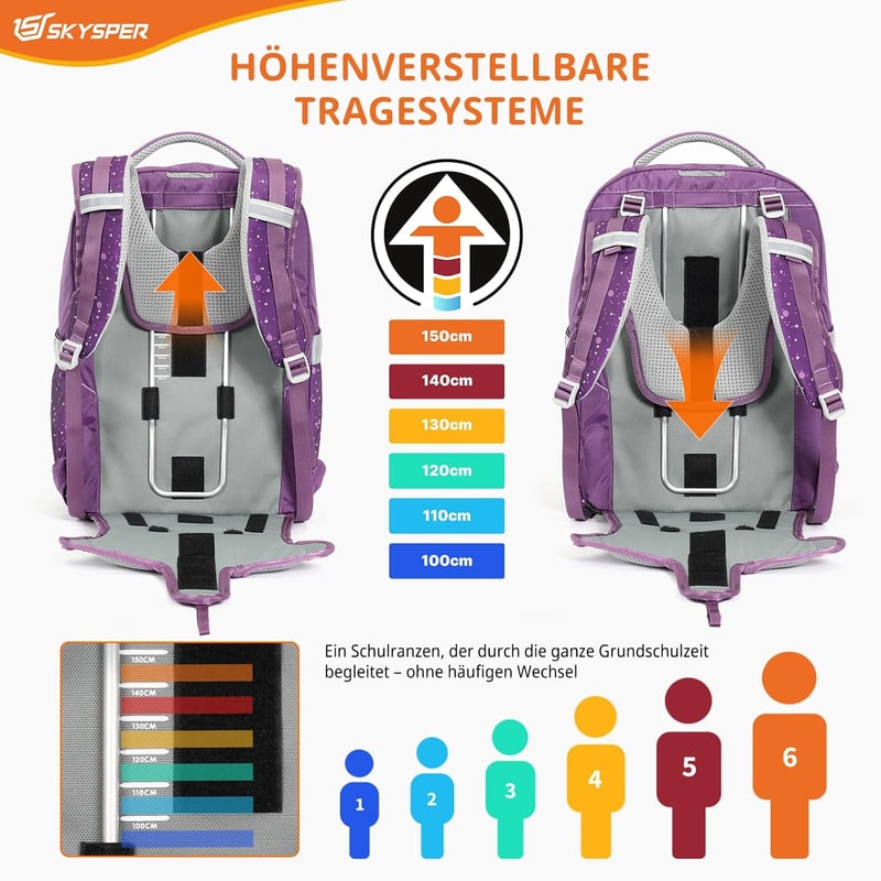 SKYSPER Iskolatáska Szett 5 Részes - 16L Ergonomikus Hátizsák 360° Fényvisszaverő Csíkokkal, Vízlepergető Rekeszekkel, Gyerekeknek Iskolába,
