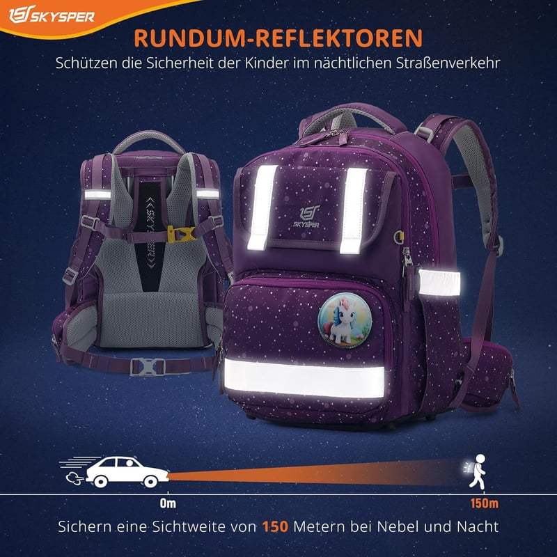 SKYSPER Iskolatáska Szett 5 Részes - 16L Ergonomikus Hátizsák 360° Fényvisszaverő Csíkokkal, Vízlepergető Rekeszekkel, Gyerekeknek Iskolába,