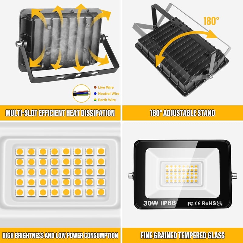 SKYWORLD 2 db 30W LED kültéri reflektor 3000 lm 3000 K melegfehér IP66 vízálló udvar garázs folyosó kert