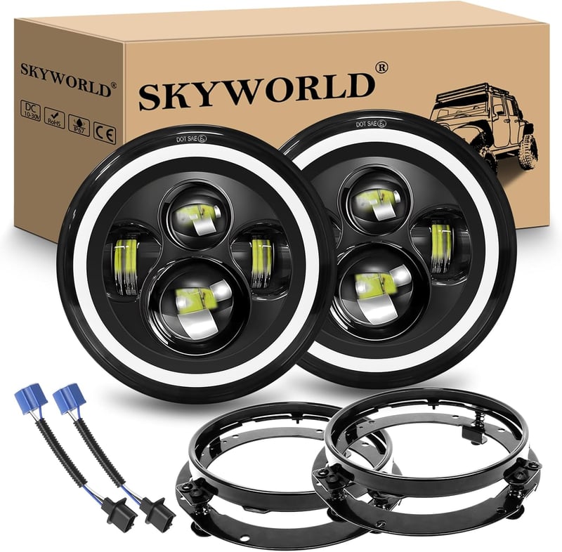SKYWORLD 2 db 7 colos kerek LED fényszóró pár szerelőkonzollal 50 W 5000 lm 4 üzemmód 3000K és 6000K DRL menetfény Wrangler JK TJ LJ CJ tere