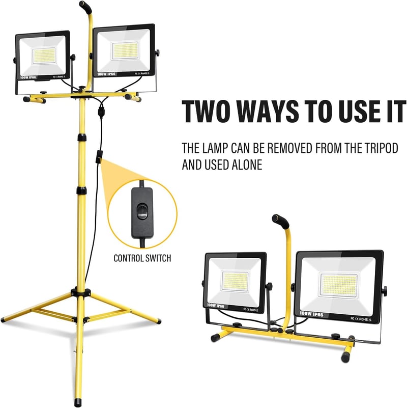 SKYWORLD LED Építkezési Reflektor Állvánnyal - 2x100W, 10000lm, IP66 Vízálló, 360° Forgatható, Teleszkópos Háromlábú, Kültéri-Beltéri 