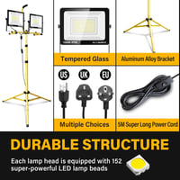 SKYWORLD LED Építkezési Reflektor Állvánnyal - 2x100W, 10000lm, IP66 Vízálló, 360° Forgatható, Teleszkópos Háromlábú, Kültéri-Beltéri  5