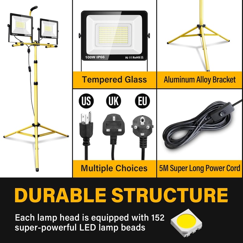 SKYWORLD LED Építkezési Reflektor Állvánnyal - 2x100W, 10000lm, IP66 Vízálló, 360° Forgatható, Teleszkópos Háromlábú, Kültéri-Beltéri 