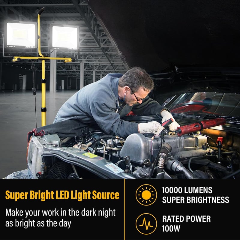 SKYWORLD LED Építkezési Reflektor Állvánnyal - 2x100W, 10000lm, IP66 Vízálló, 360° Forgatható, Teleszkópos Háromlábú, Kültéri-Beltéri 