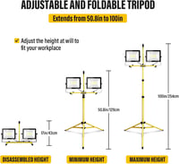 SKYWORLD LED Építkezési Reflektor Állvánnyal - 2x100W, 10000lm, IP66 Vízálló, 360° Forgatható, Teleszkópos Háromlábú, Kültéri-Beltéri  2