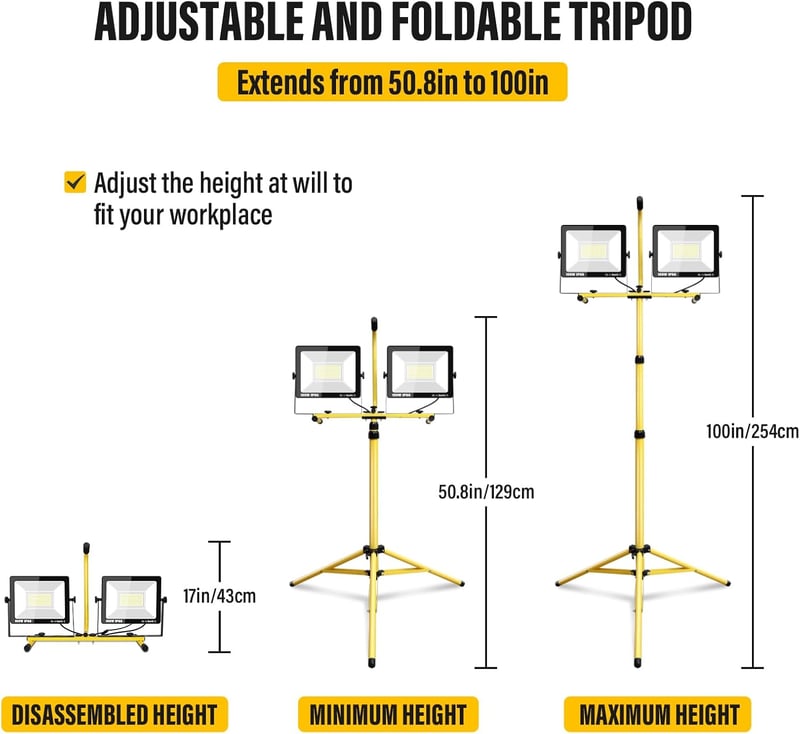 SKYWORLD LED Építkezési Reflektor Állvánnyal - 2x100W, 10000lm, IP66 Vízálló, 360° Forgatható, Teleszkópos Háromlábú, Kültéri-Beltéri 