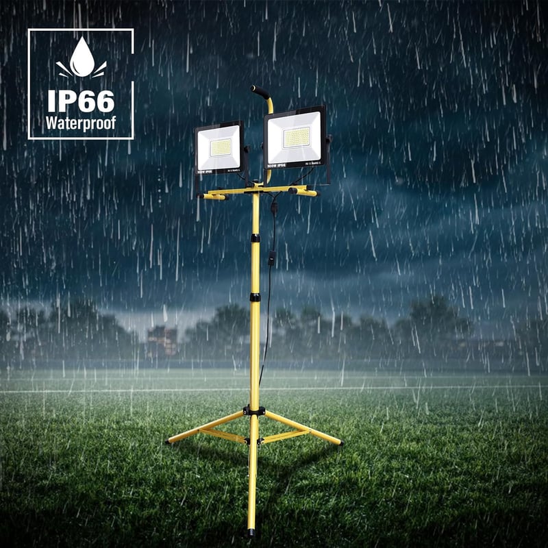 SKYWORLD LED Építkezési Reflektor Állvánnyal - 2x100W, 10000lm, IP66 Vízálló, 360° Forgatható, Teleszkópos Háromlábú, Kültéri-Beltéri 