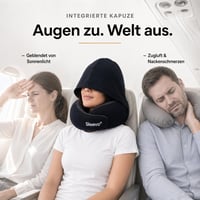 Cestovný vankúš Sleevo Pro s kapucňou a výplňou z pamäťovej peny – veľkosť M, čierny – ergonomický vankúš na cestovanie lietadlom, vlakom a autom, s funkciou zatemnenia 3