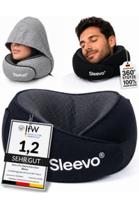 Cestovný vankúš Sleevo Pro s kapucňou a výplňou z pamäťovej peny – veľkosť M, čierny – ergonomický vankúš na cestovanie lietadlom, vlakom a autom, s funkciou zatemnenia 1