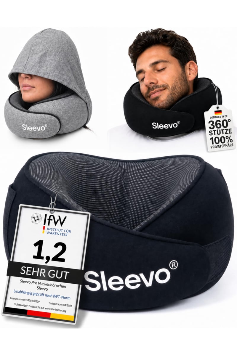 Cestovný vankúš Sleevo Pro s kapucňou a výplňou z pamäťovej peny – veľkosť M, čierny – ergonomický vankúš na cestovanie lietadlom, vlakom a autom, s funkciou zatemnenia