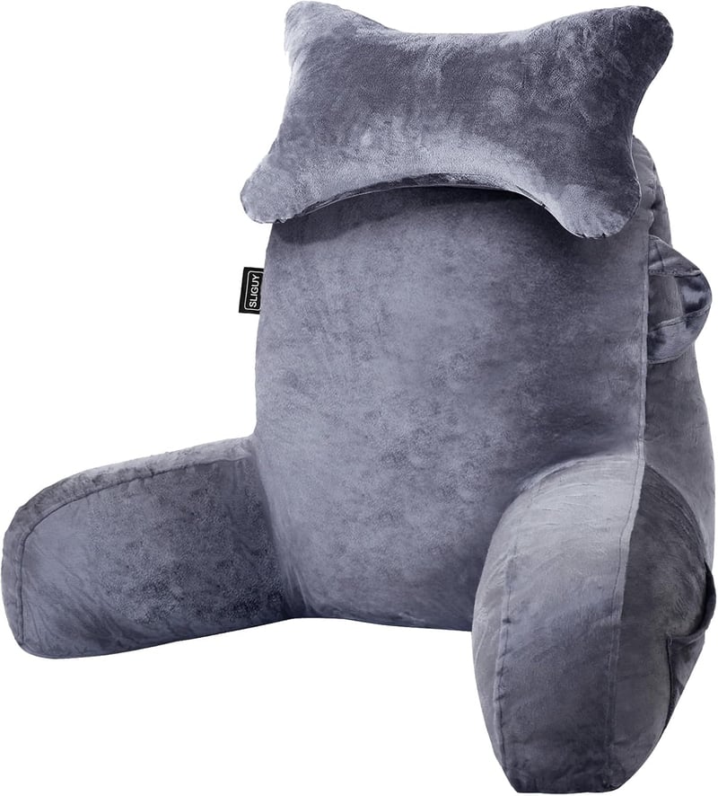 SLIGUY Olvasópárna ágyhoz, kanapéhoz, hátpárnával, zsebbel, sötétszürke