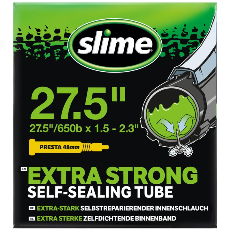 Cameră de aer pentru bicicletă cu autovulcanizare Slime 30023, cu lichid anti-pană, valvă Presta, 27.5" x 1.5-2.3"