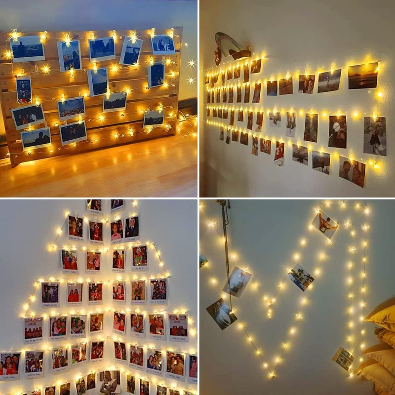 Slochi Fotó Csipeszes Fényfüzér - 12m 120 LED USB Dekorációs Világítás Távirányítóval - Képtartó Füzér Szobába, Nappaliba, Esküvőre, Partikr