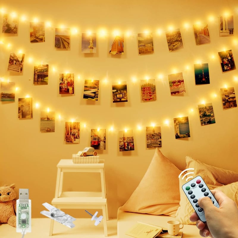 Slochi Fotó Csipeszes Fényfüzér - 12m 120 LED USB Dekorációs Világítás Távirányítóval - Képtartó Füzér Szobába, Nappaliba, Esküvőre, Partikr