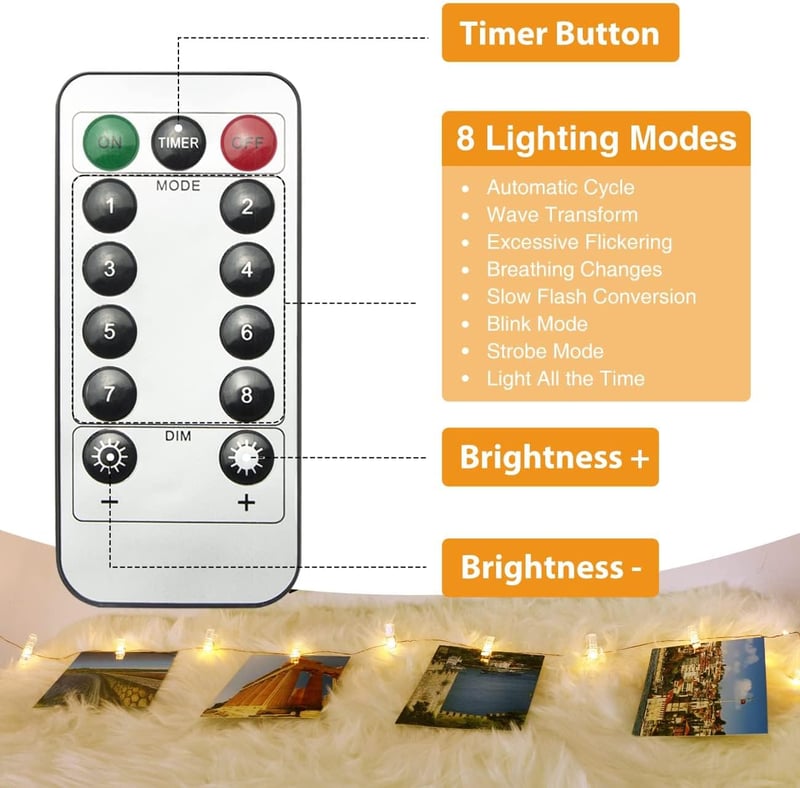 Slochi Fotó Csipeszes Fényfüzér - 12m 120 LED USB Dekorációs Világítás Távirányítóval - Képtartó Füzér Szobába, Nappaliba, Esküvőre, Partikr