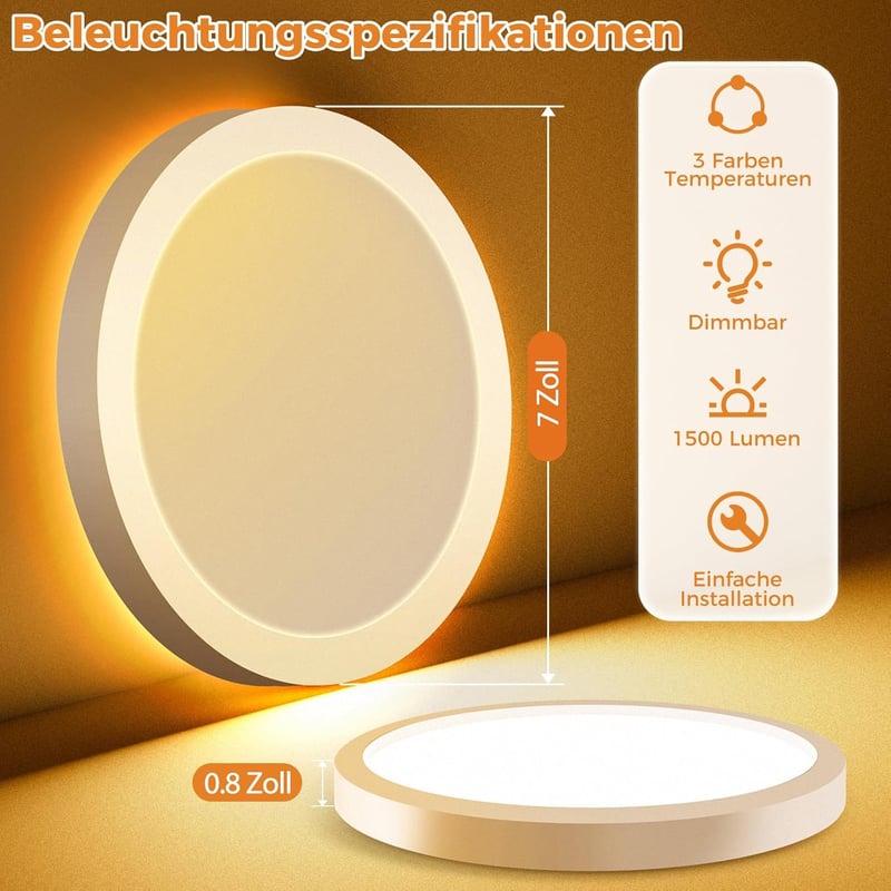 slochi LED Mennyezeti Lámpa 15W 1500LM, Állítható Színhőmérséklet 1800K-6500K, Ultra Vékony Kerek Fehér Mennyezeti Világítás Hálószoba Nappa