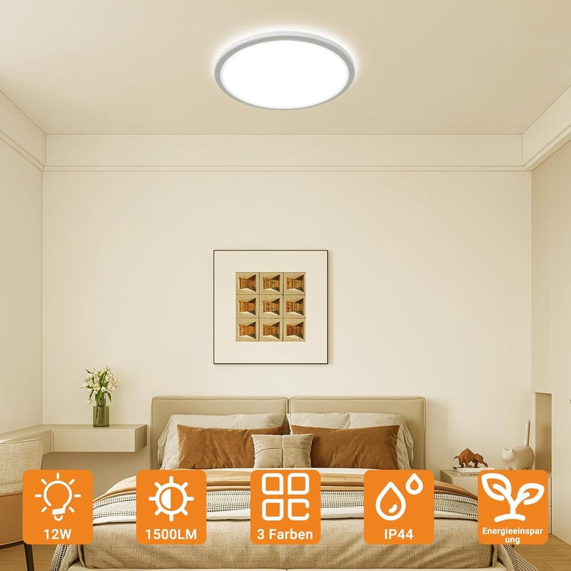 slochi LED Mennyezeti Lámpa 16 cm Kerek Vízálló 3 Színhőmérséklet 12W 1500lm Fürdőszoba - 1 piece, White