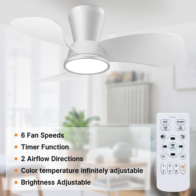 slochi Mennyezeti Ventilátor LED Világítással - 77 cm, Ultra Csendes 30 dB, Távirányítós, 3 Színhőmérséklet, 6 Sebesség, Időzítő, Energiatak