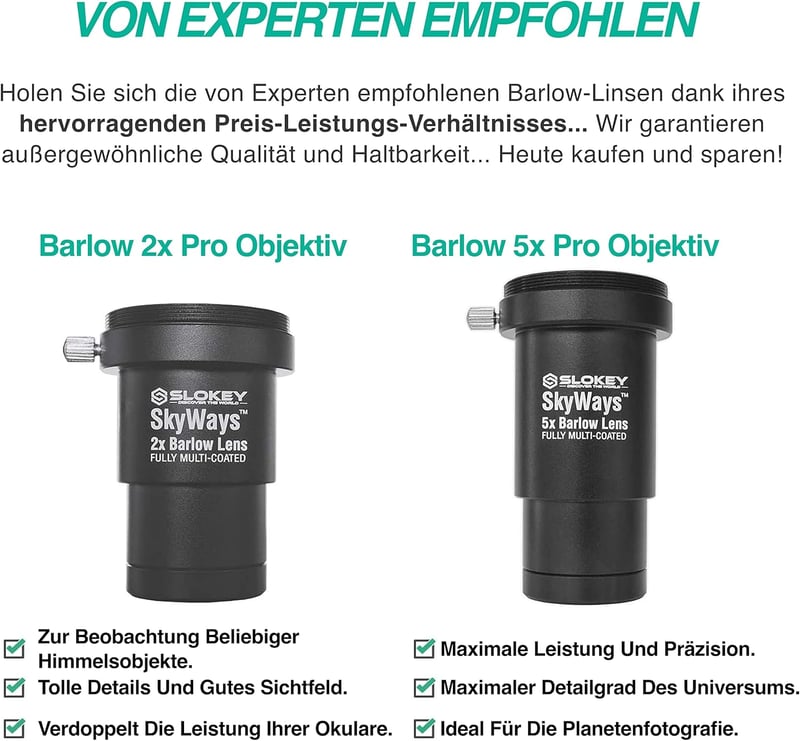 Slokey Barlow Pro 5x Nagyító Lencse Teleszkóphoz - 1,25" Átmérőjű Csillagászati Kiegészítő Bolygók és Égitestek Részletes Megfigyeléséhez