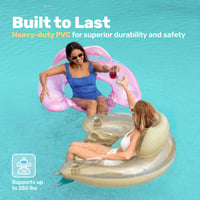 Scaun gonflabil pentru piscină Sloosh pentru adulți, set de 2 bucăți cu suport pentru pahar, design cu frunze, albastru și șampanie, divertisment estival la apă 5